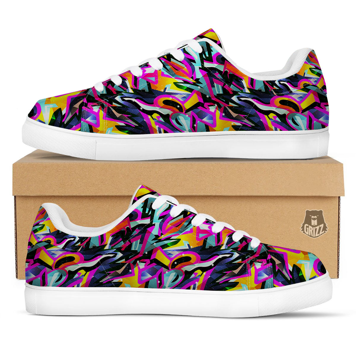Funky Psychedelic Print Pattern White Low Top Sneakers-grizzshop