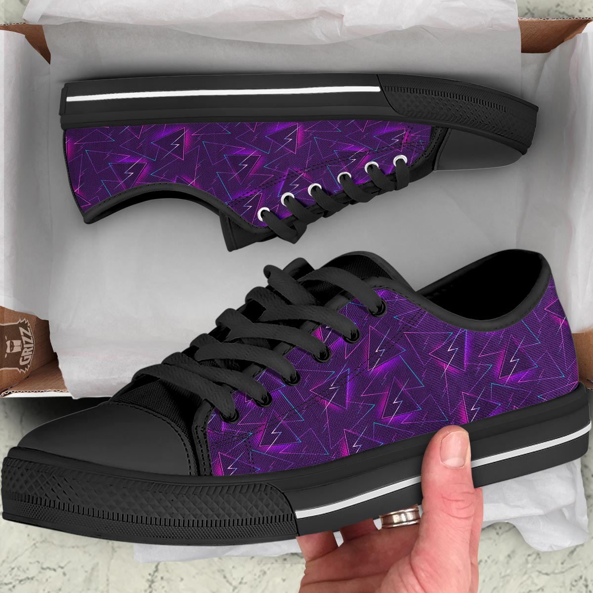 Funky Retro Print Pattern Black Low Top Shoes-grizzshop