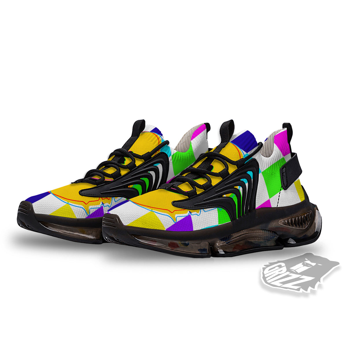 Funny Crazy Glitch And Checkered Neon Print Black Gym Shoes-grizzshop