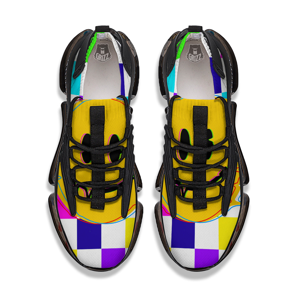 Funny Crazy Glitch And Checkered Neon Print Black Gym Shoes-grizzshop