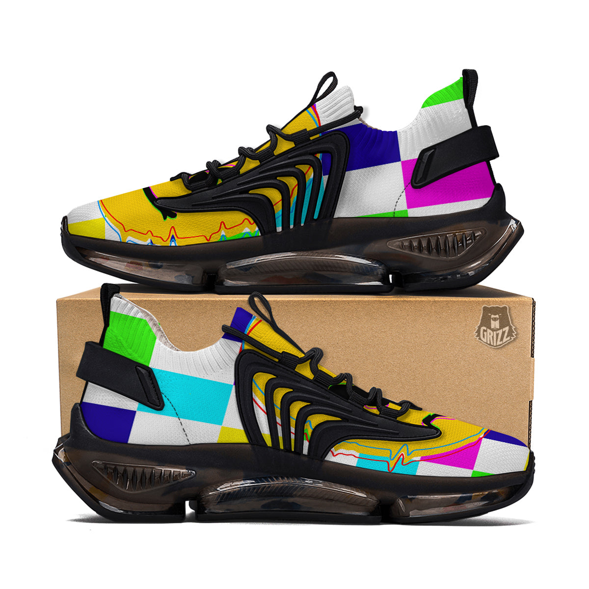 Funny Crazy Glitch And Checkered Neon Print Black Gym Shoes-grizzshop
