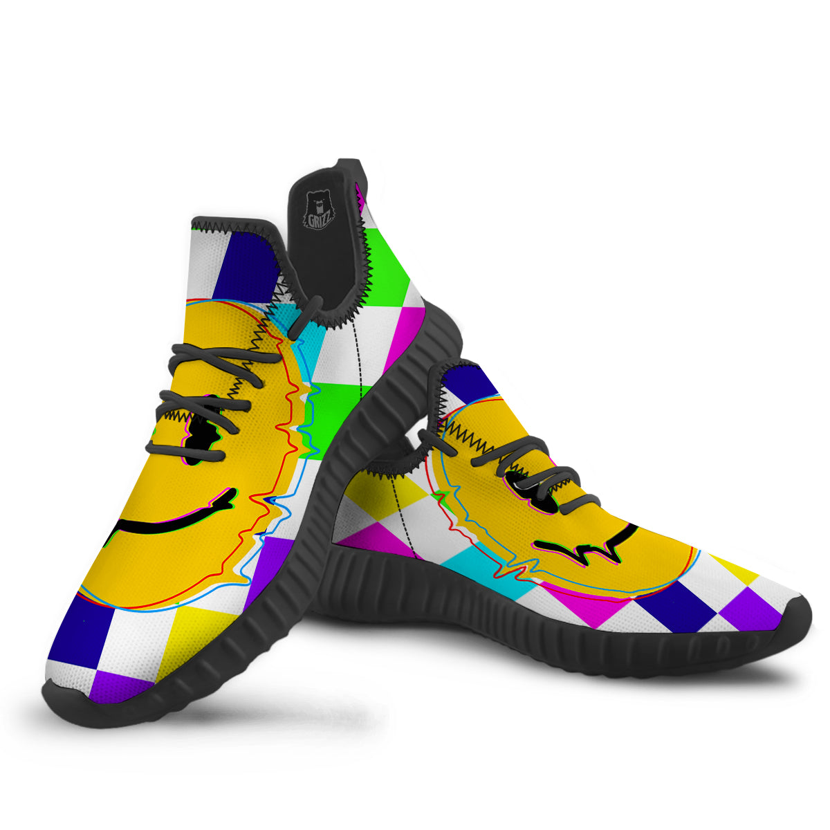 Funny Crazy Glitch And Checkered Neon Print Black Walking Shoes-grizzshop