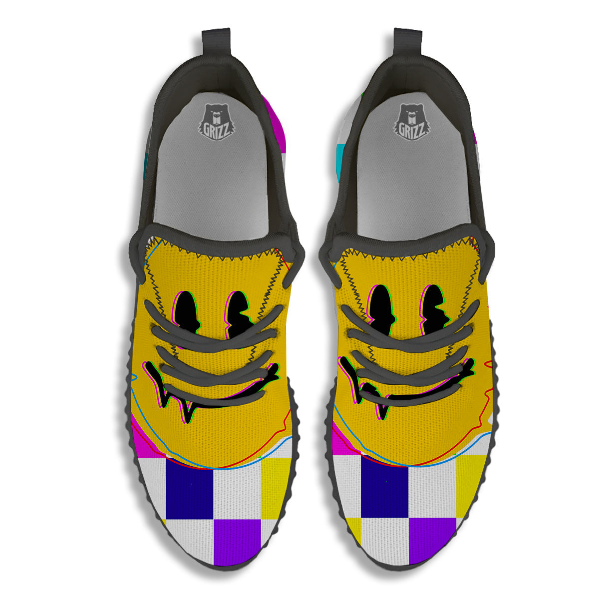 Funny Crazy Glitch And Checkered Neon Print Black Walking Shoes-grizzshop