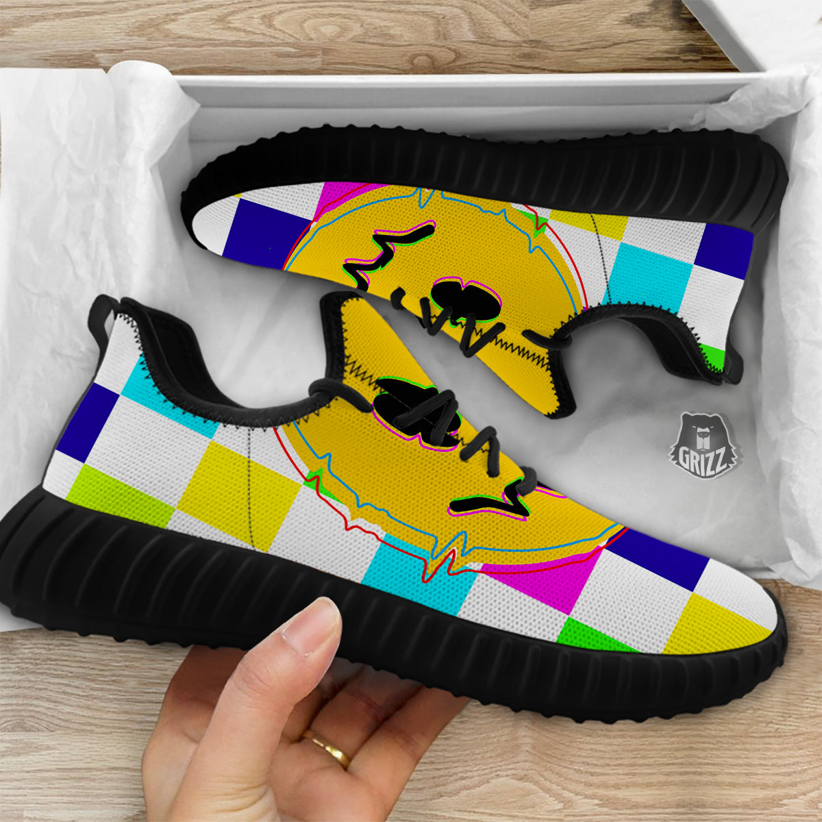 Funny Crazy Glitch And Checkered Neon Print Black Walking Shoes-grizzshop