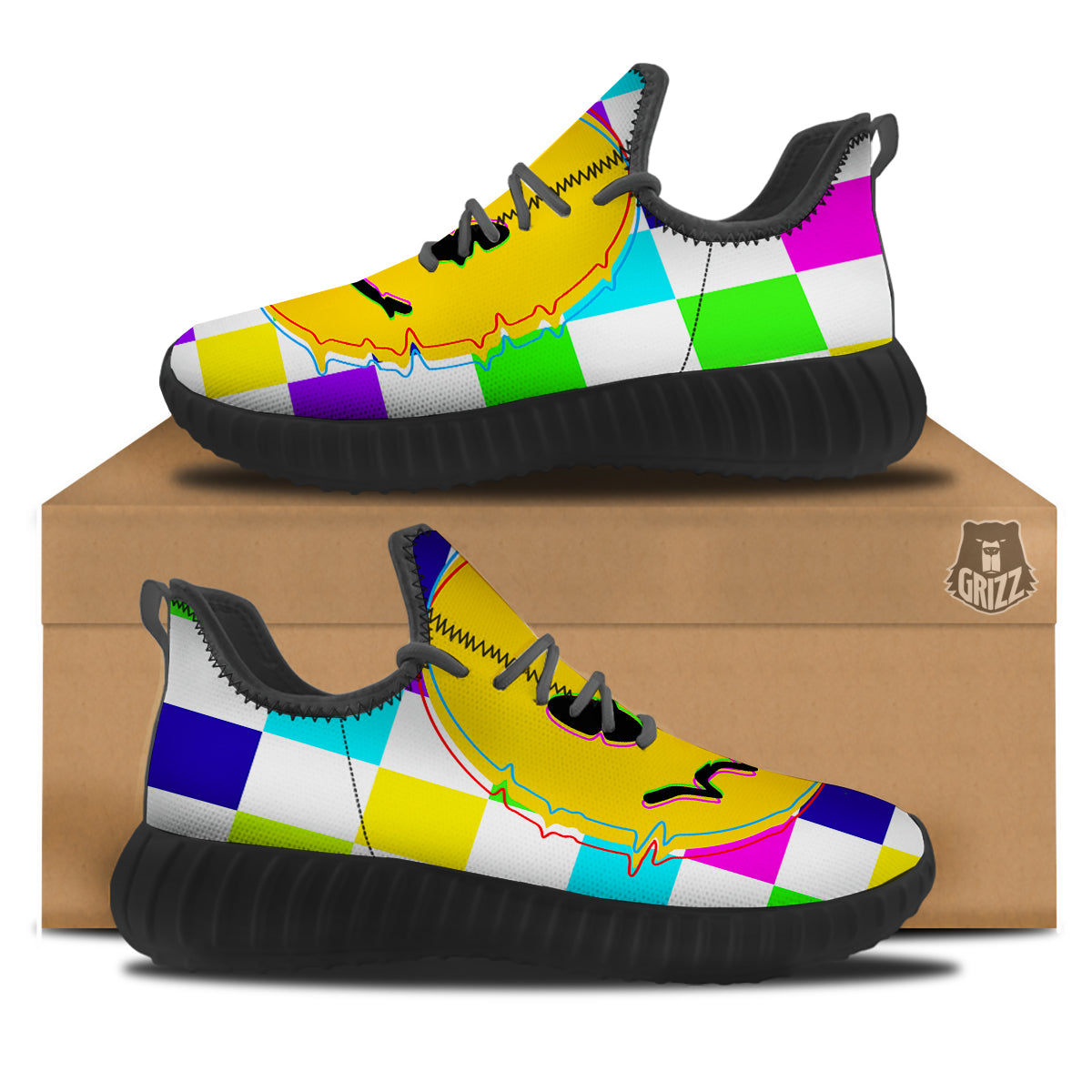 Funny Crazy Glitch And Checkered Neon Print Black Walking Shoes-grizzshop