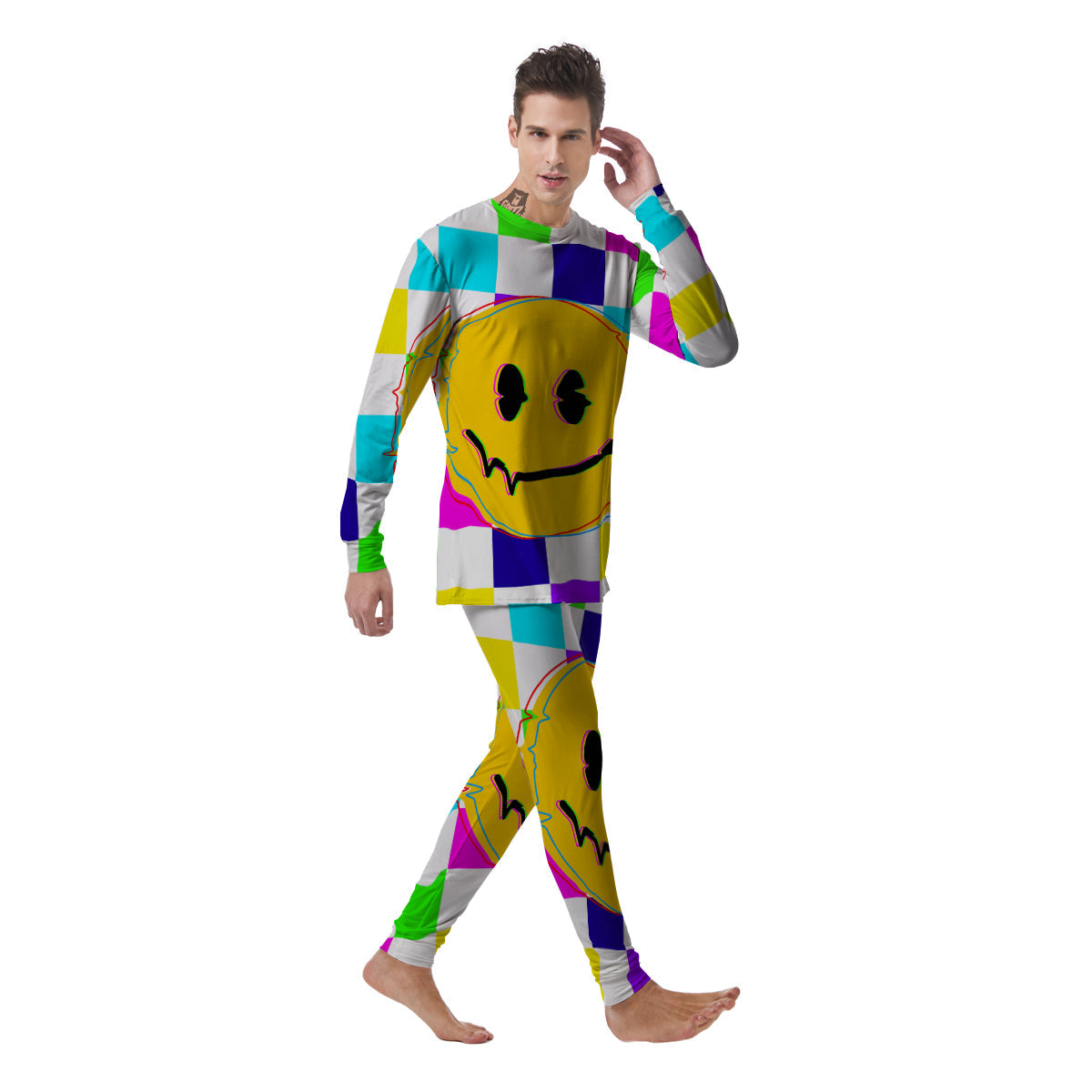 Funny Crazy Glitch And Checkered Neon Print Men's Pajamas-grizzshop