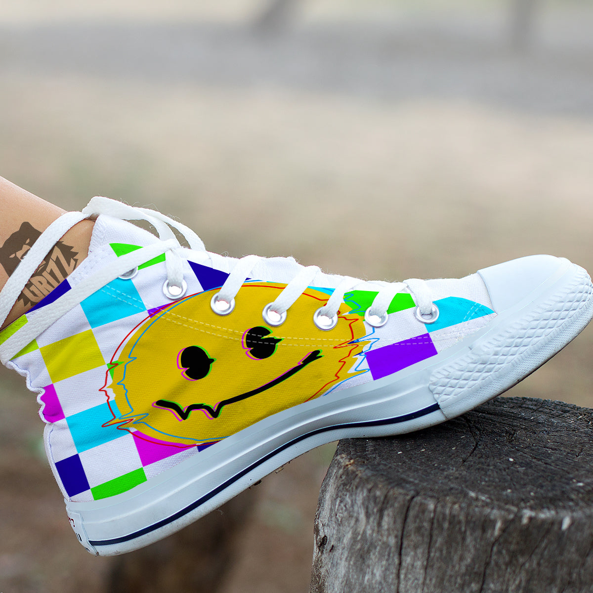 Funny Crazy Glitch And Checkered Neon Print White High Top Shoes-grizzshop
