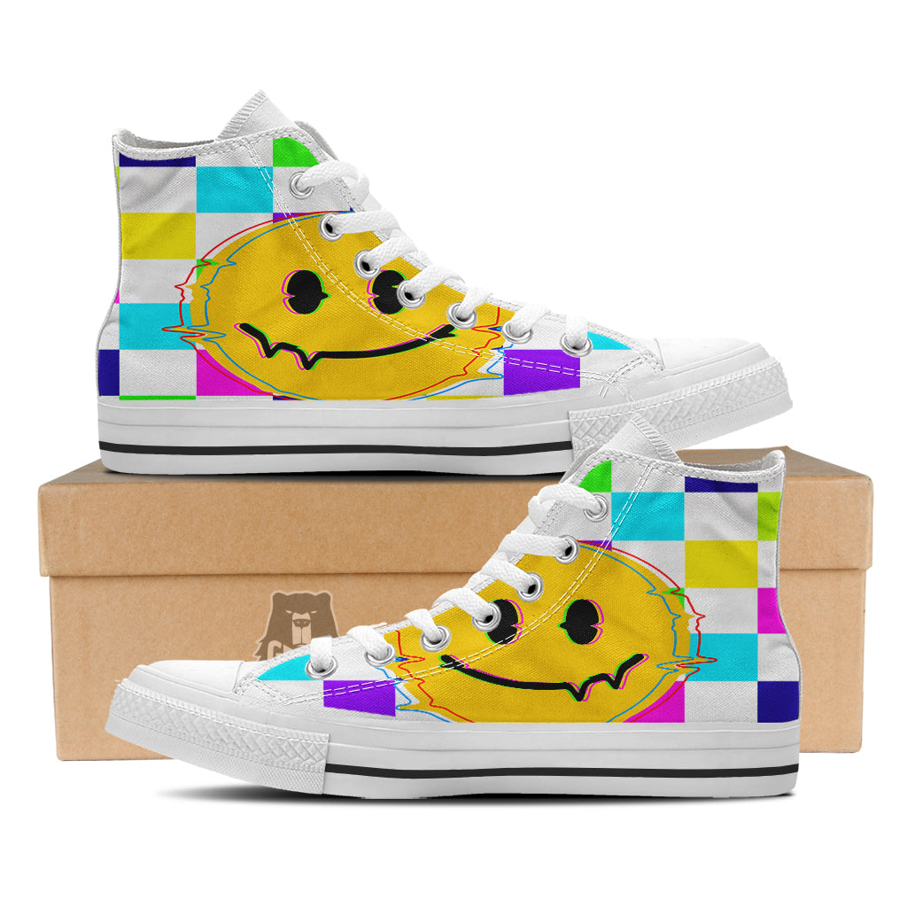 Funny Crazy Glitch And Checkered Neon Print White High Top Shoes-grizzshop