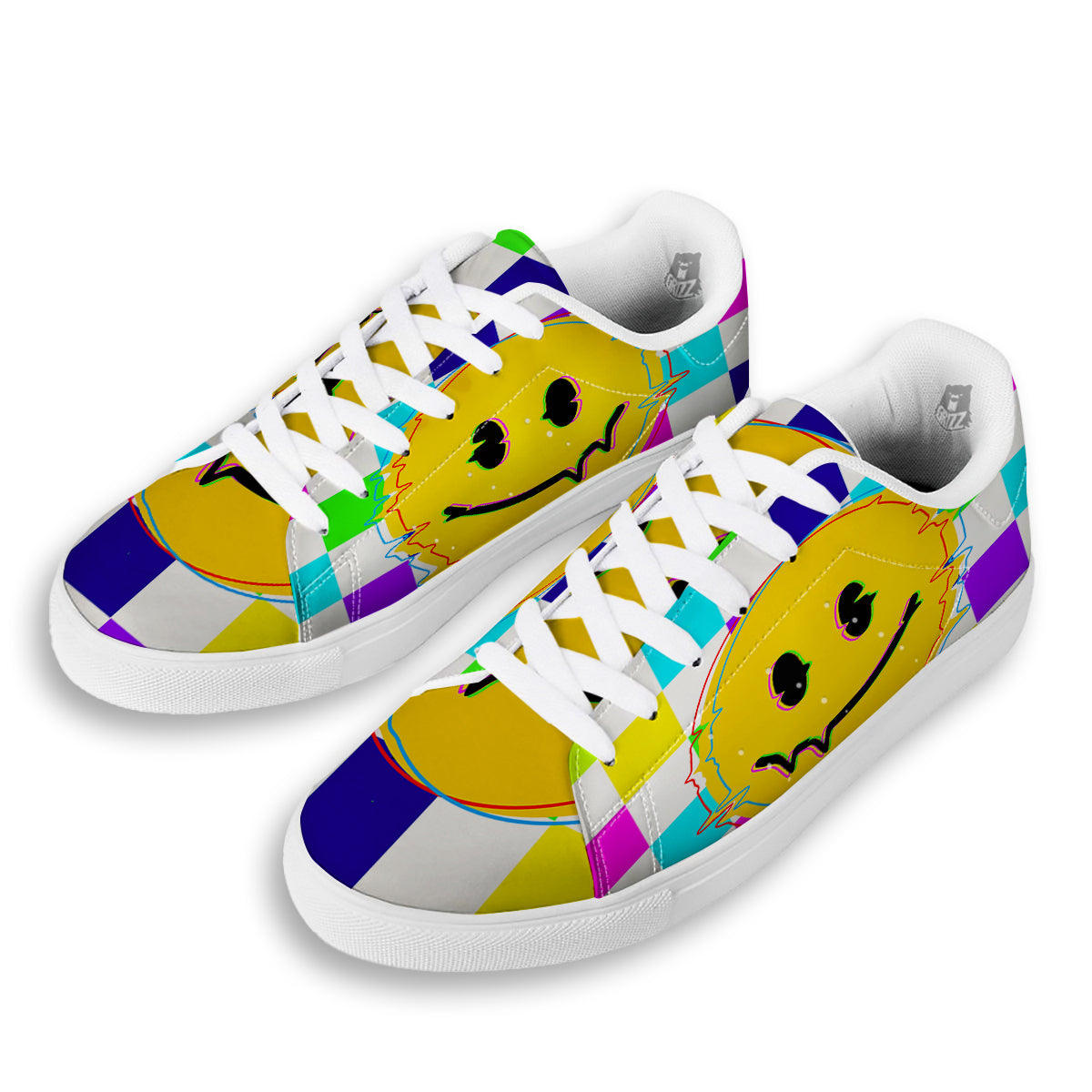 Funny Crazy Glitch And Checkered Neon Print White Low Top Sneakers-grizzshop