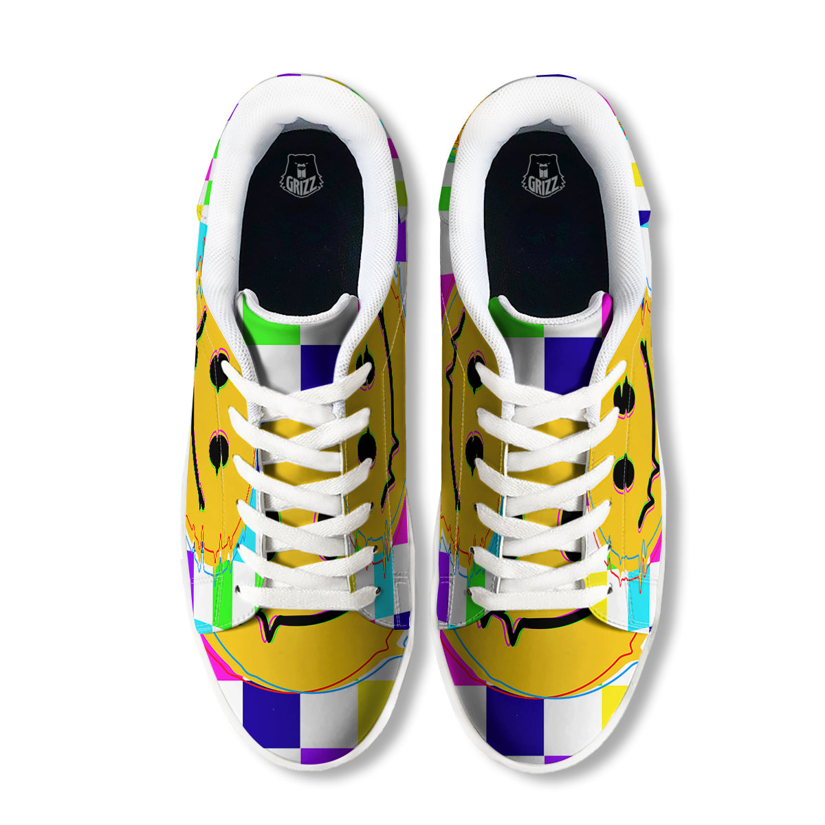 Funny Crazy Glitch And Checkered Neon Print White Low Top Sneakers-grizzshop
