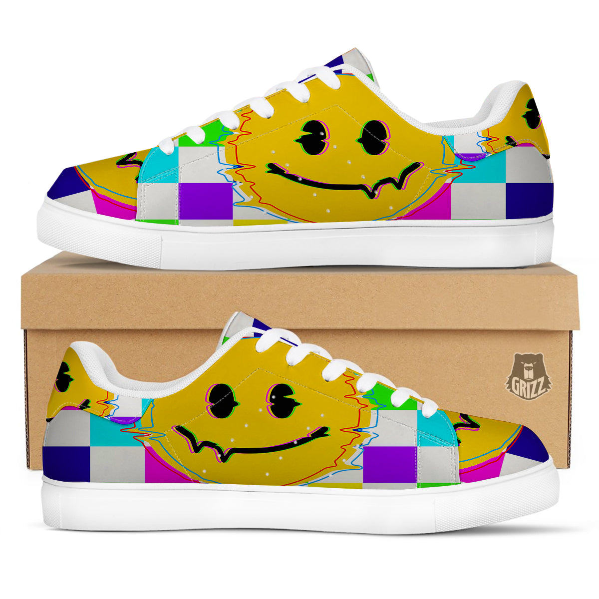 Funny Crazy Glitch And Checkered Neon Print White Low Top Sneakers-grizzshop