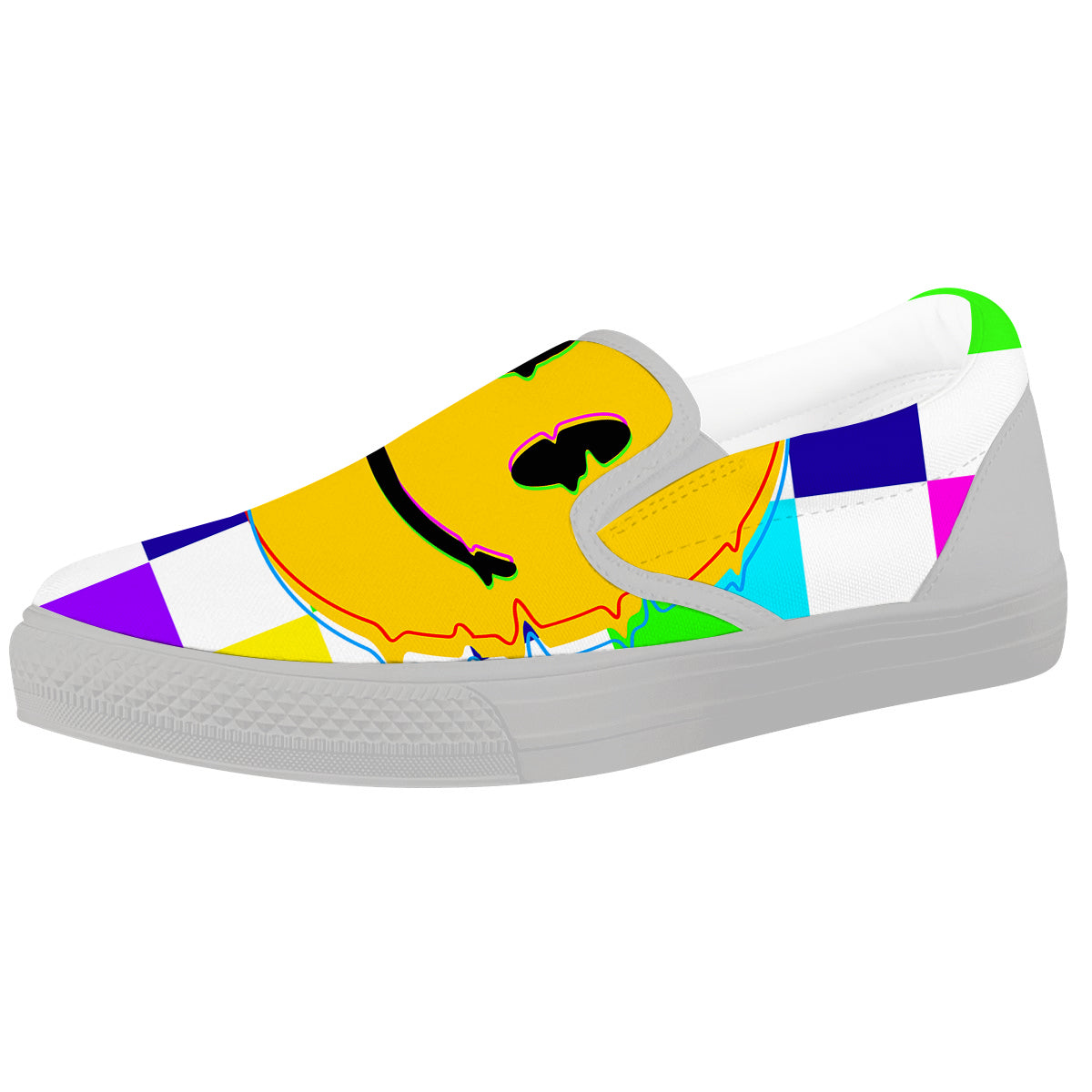 Funny Crazy Glitch And Checkered Neon Print White Slip On Shoes-grizzshop
