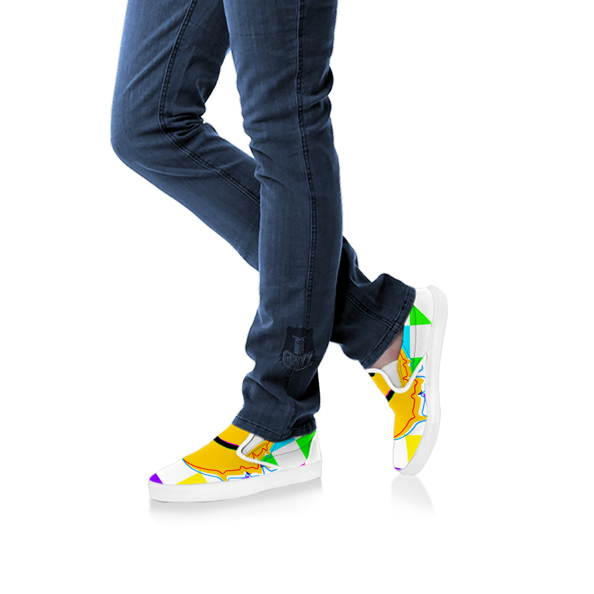 Funny Crazy Glitch And Checkered Neon Print White Slip On Shoes-grizzshop