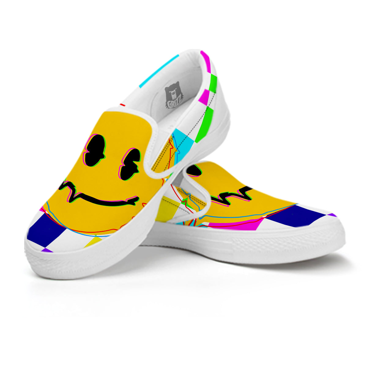 Funny Crazy Glitch And Checkered Neon Print White Slip On Shoes-grizzshop