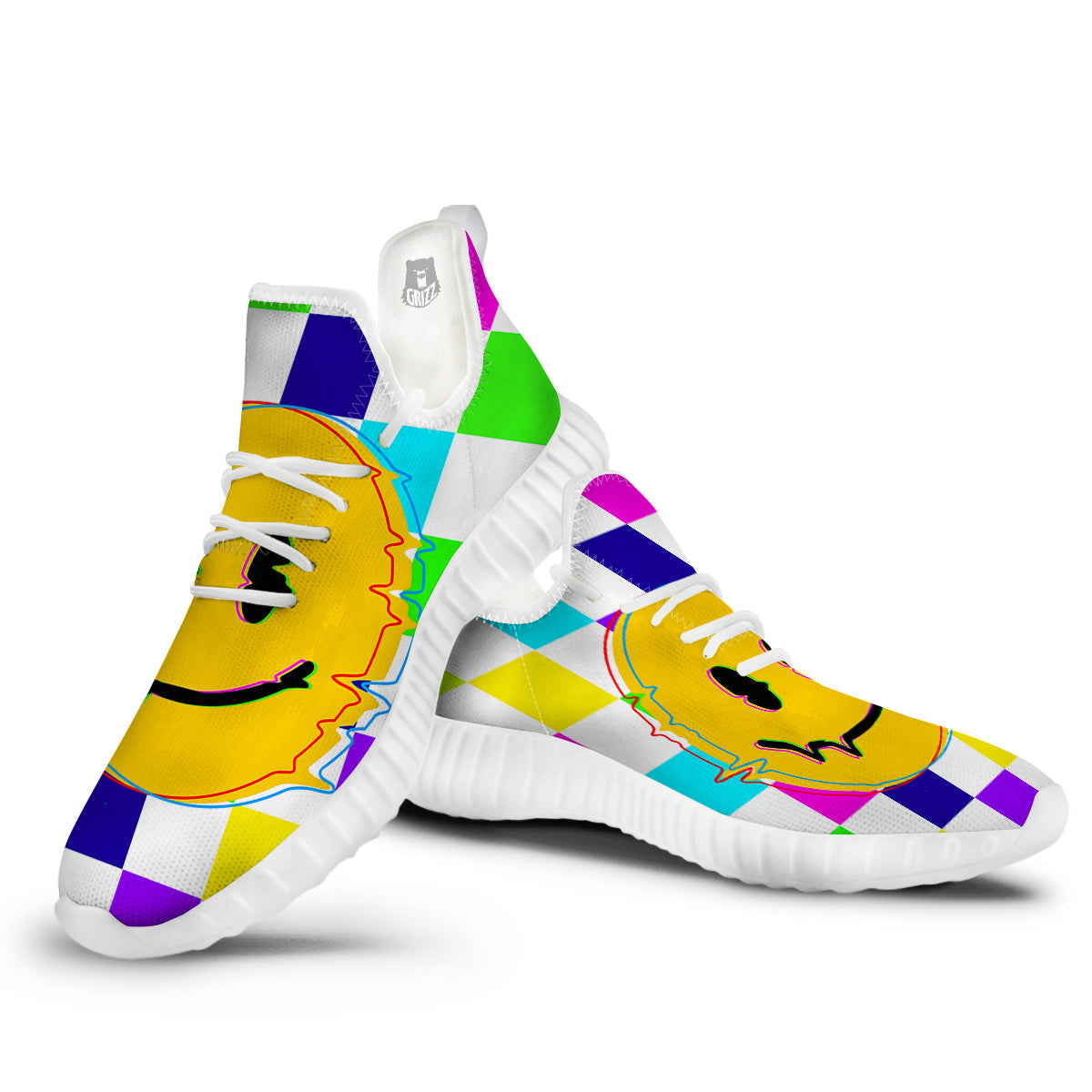 Funny Crazy Glitch And Checkered Neon Print White Walking Shoes-grizzshop