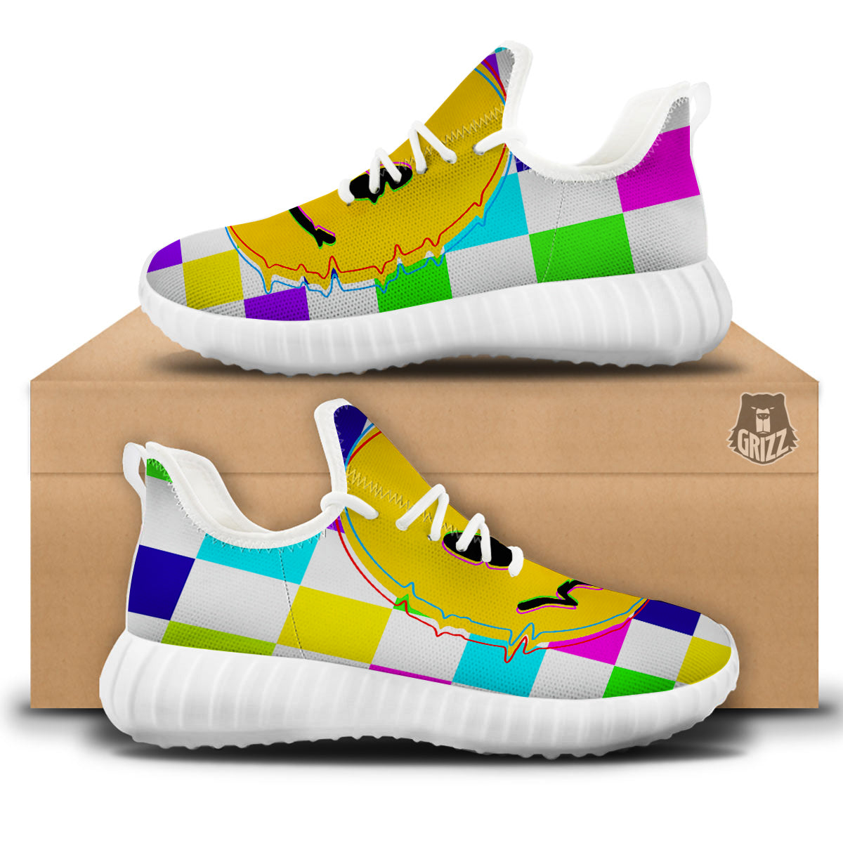 Funny Crazy Glitch And Checkered Neon Print White Walking Shoes-grizzshop