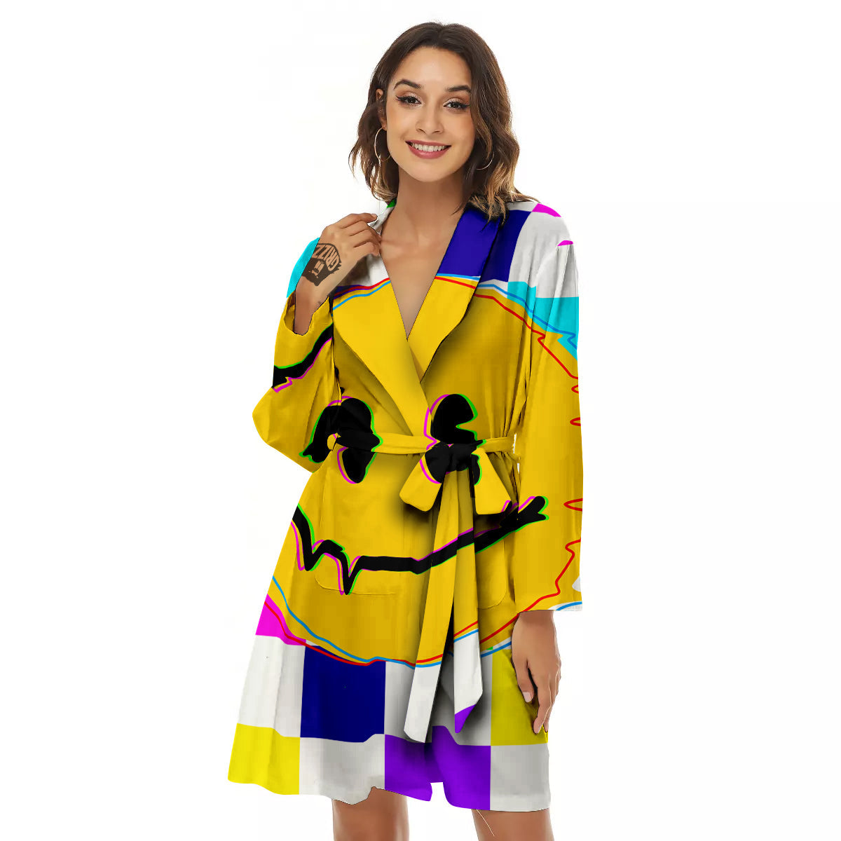 Funny Crazy Glitch And Checkered Neon Print Women's Robe-grizzshop