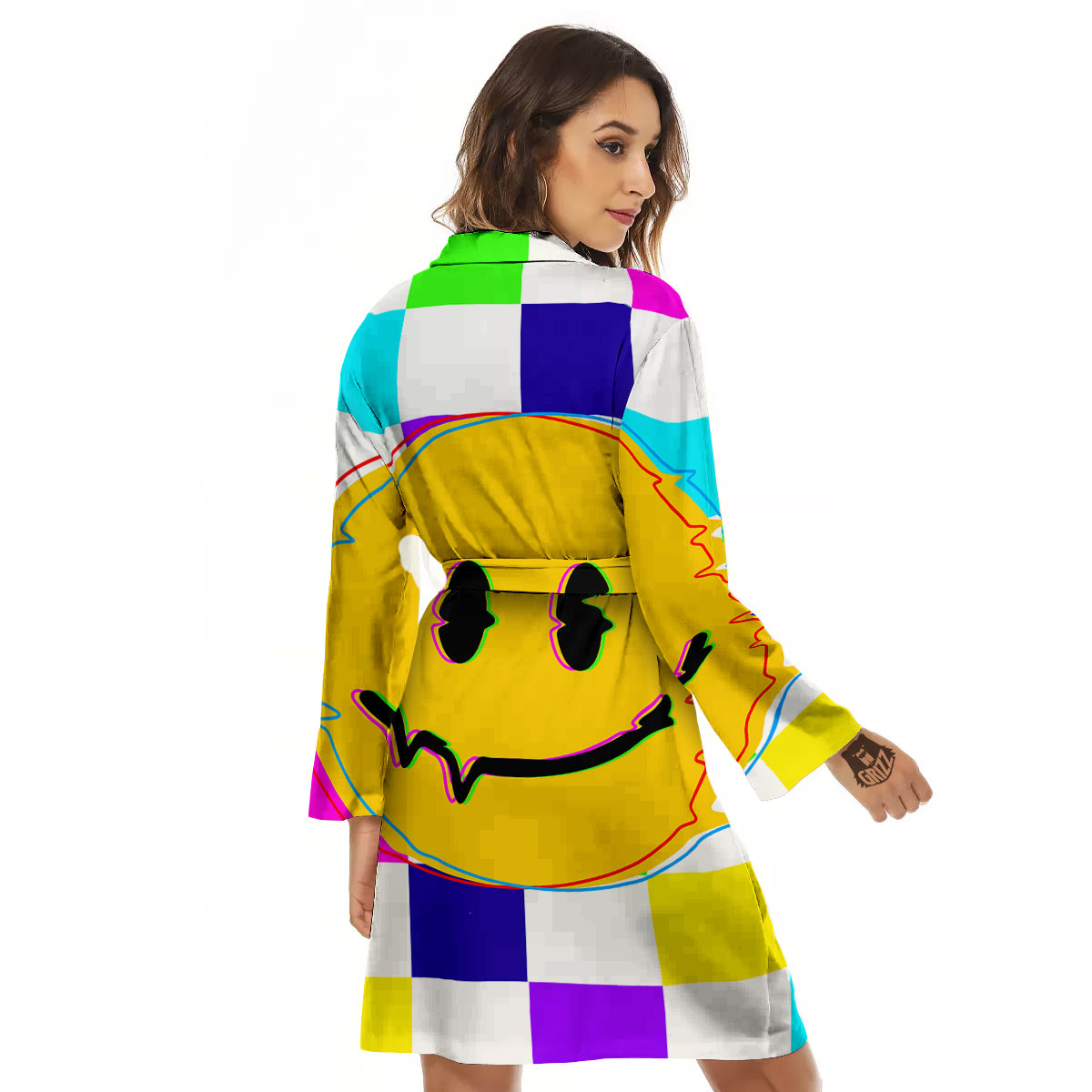 Funny Crazy Glitch And Checkered Neon Print Women's Robe-grizzshop