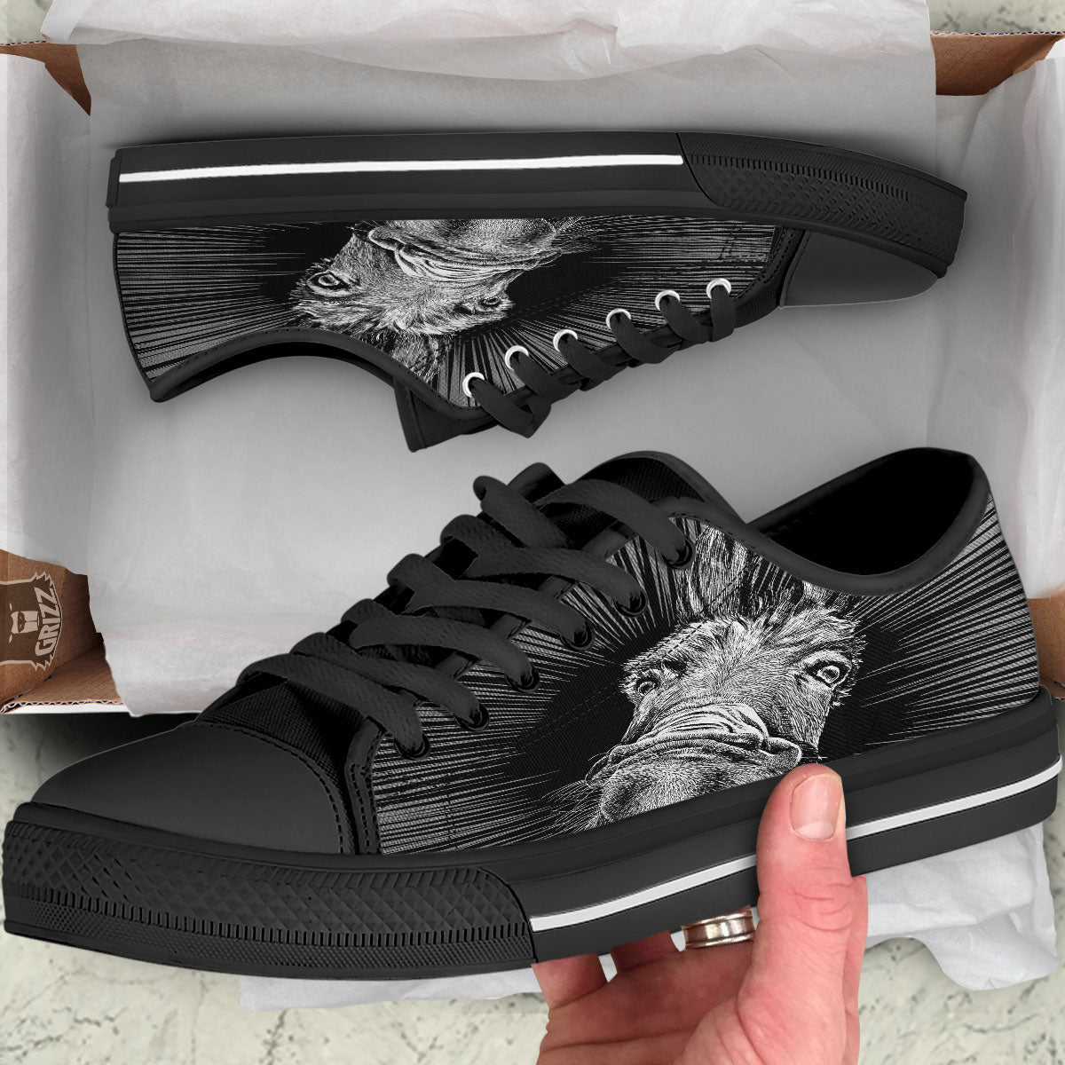Funny Donkey White And Black Print Black Low Top Shoes-grizzshop