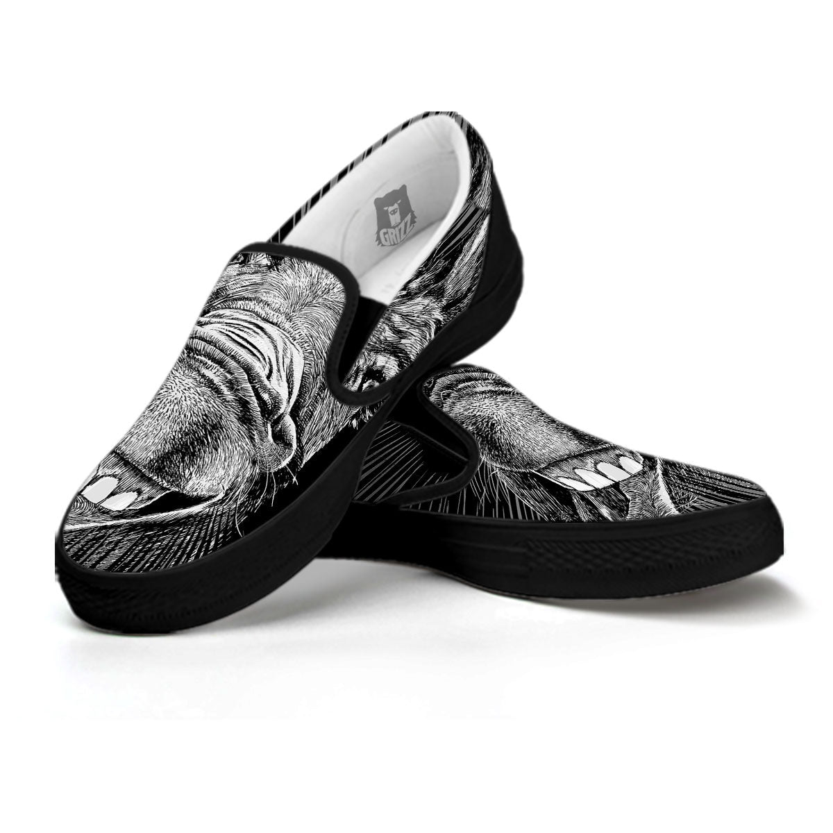 Funny Donkey White And Black Print Black Slip On Shoes-grizzshop