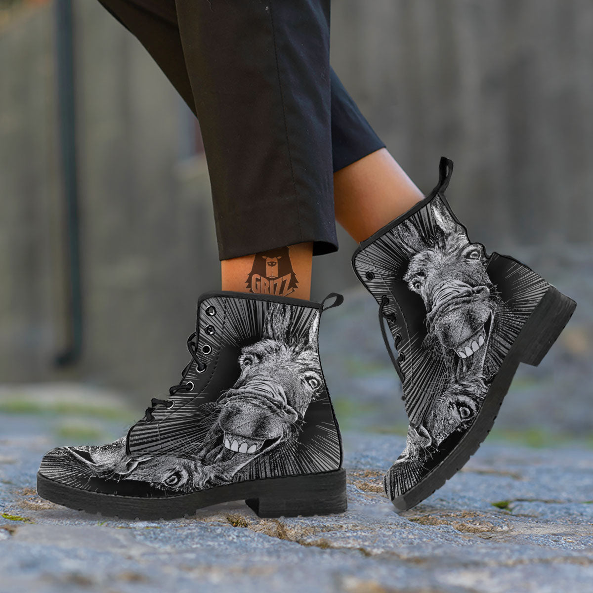 Funny Donkey White And Black Print Leather Boots-grizzshop