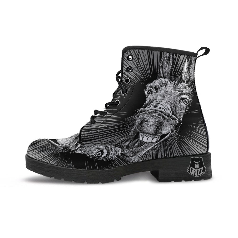 Funny Donkey White And Black Print Leather Boots-grizzshop