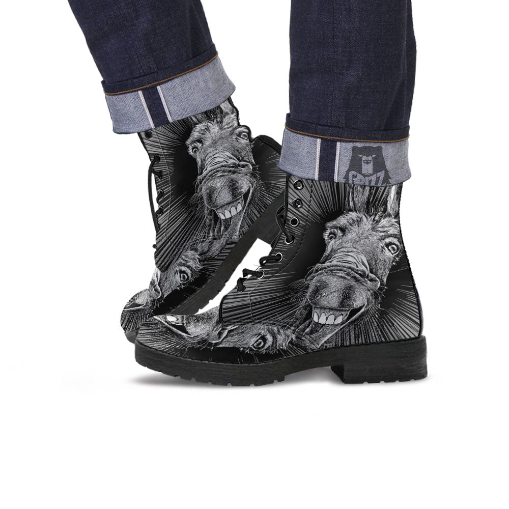 Funny Donkey White And Black Print Leather Boots-grizzshop