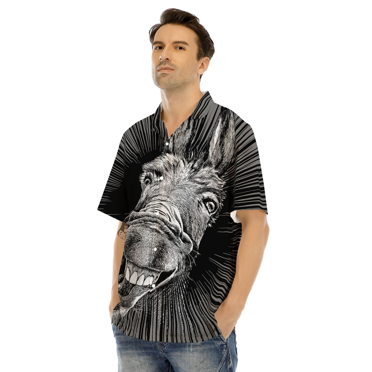 Funny Donkey White And Black Print Men's Hawaiian Shirt-grizzshop