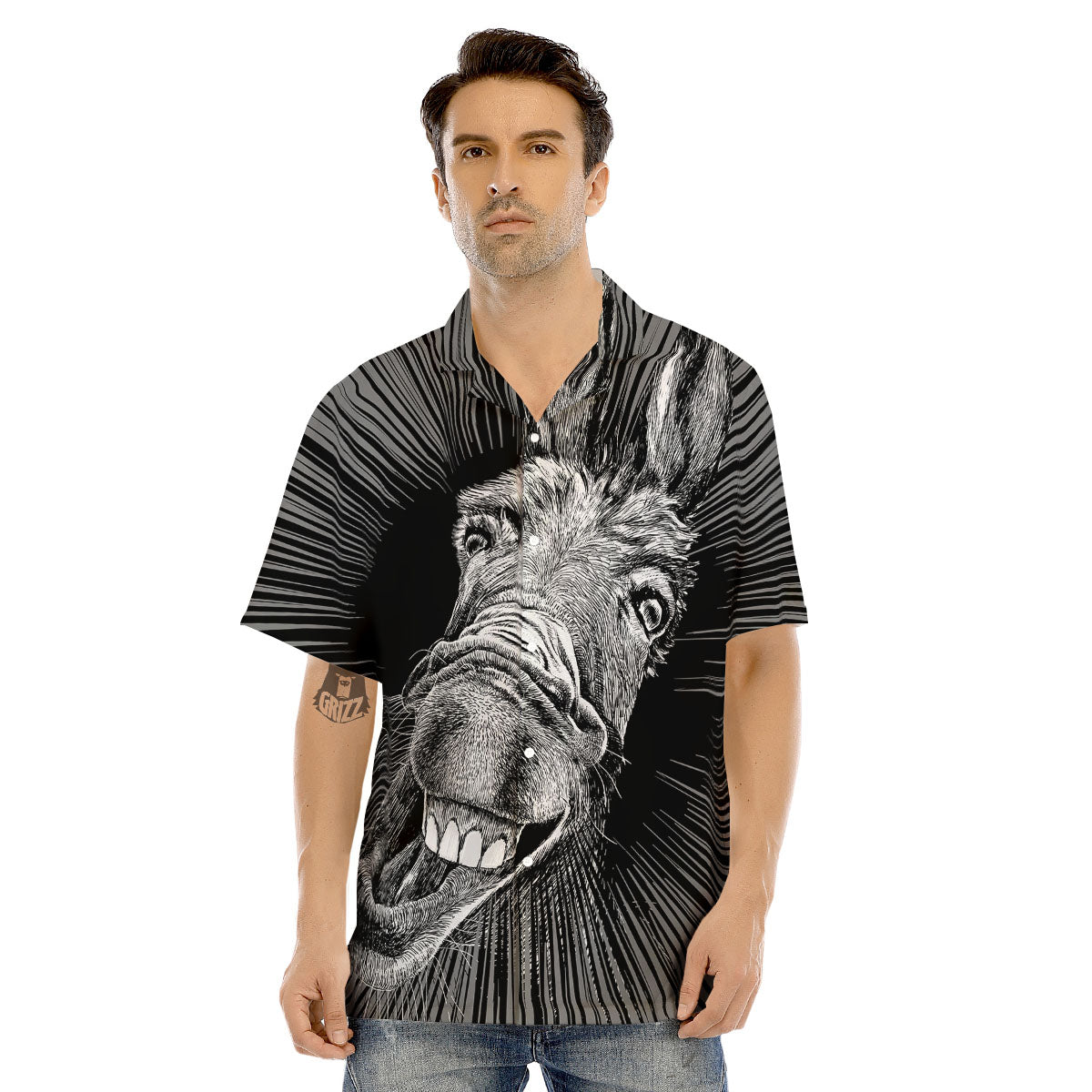Funny Donkey White And Black Print Men's Hawaiian Shirt-grizzshop