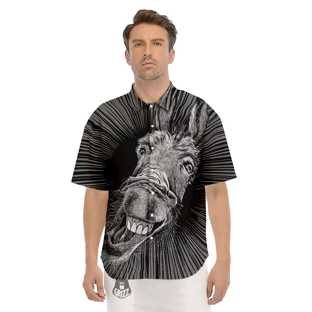 Funny Donkey White And Black Print Men's Short Sleeve Shirts-grizzshop
