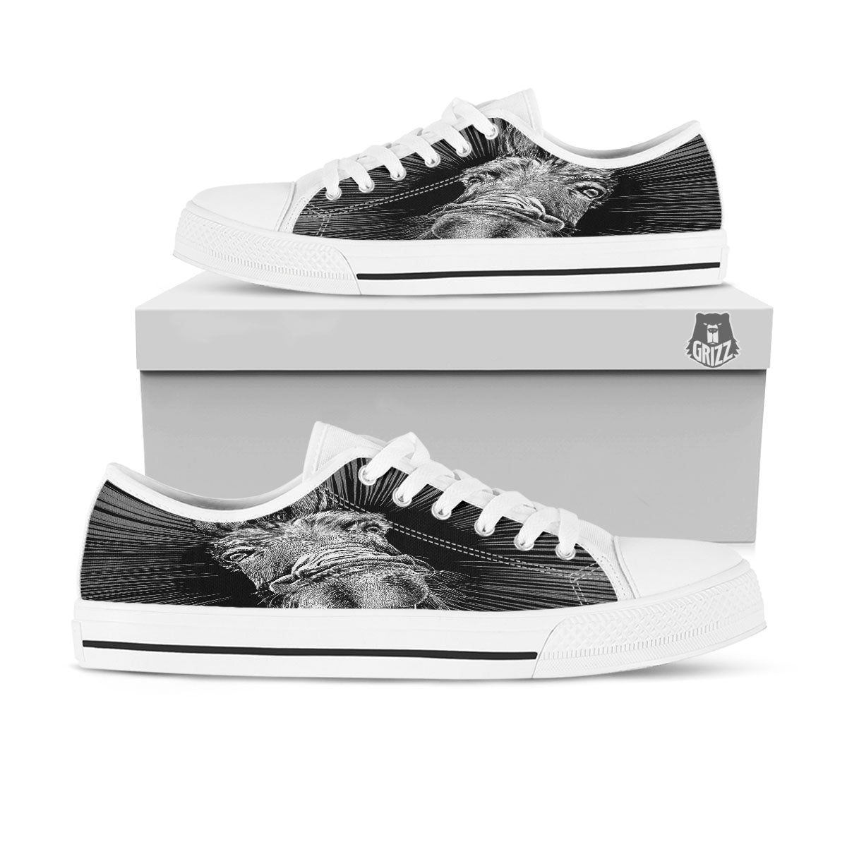 Funny Donkey White And Black Print White Low Top Shoes-grizzshop