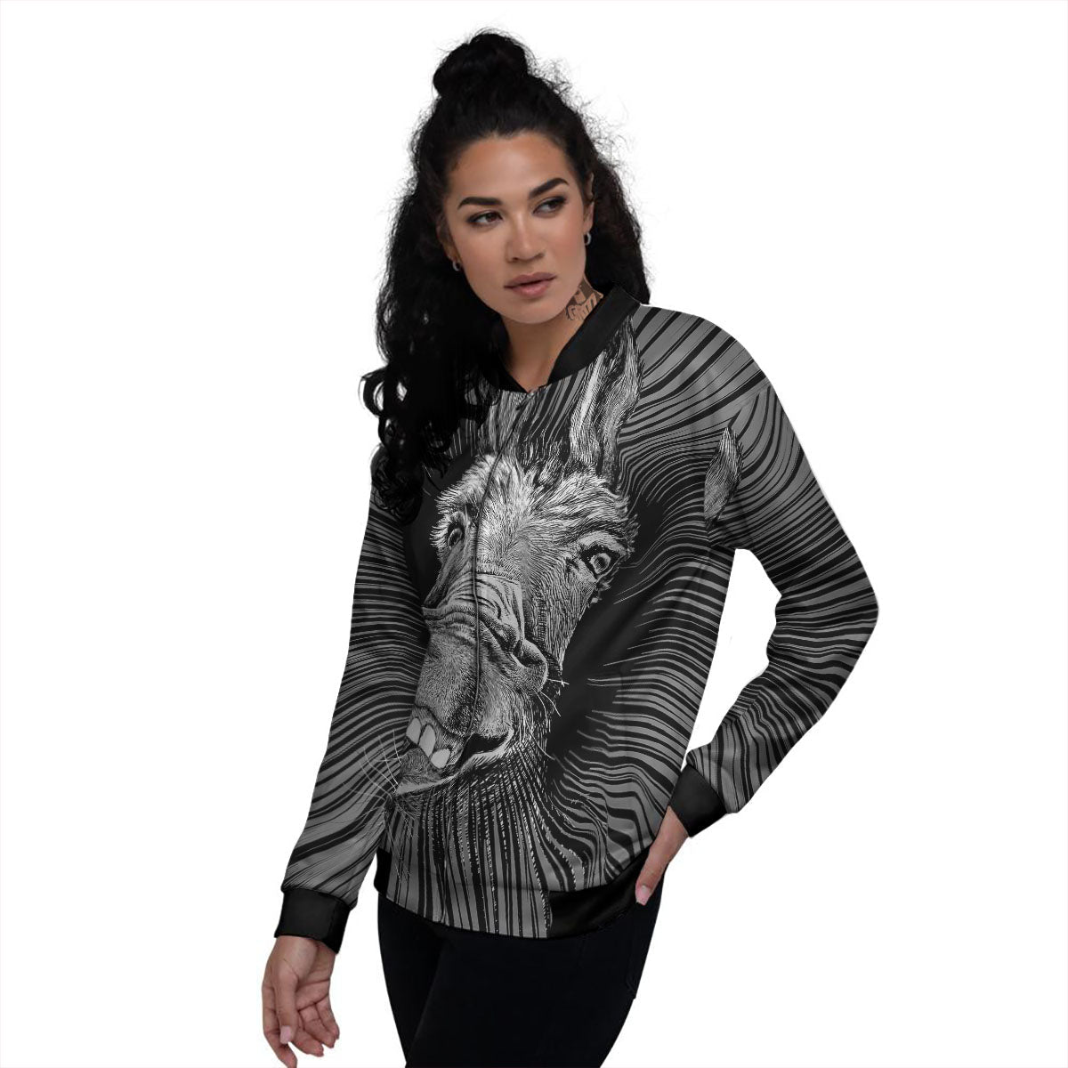 Funny Donkey White And Black Print Women's Bomber Jacket-grizzshop