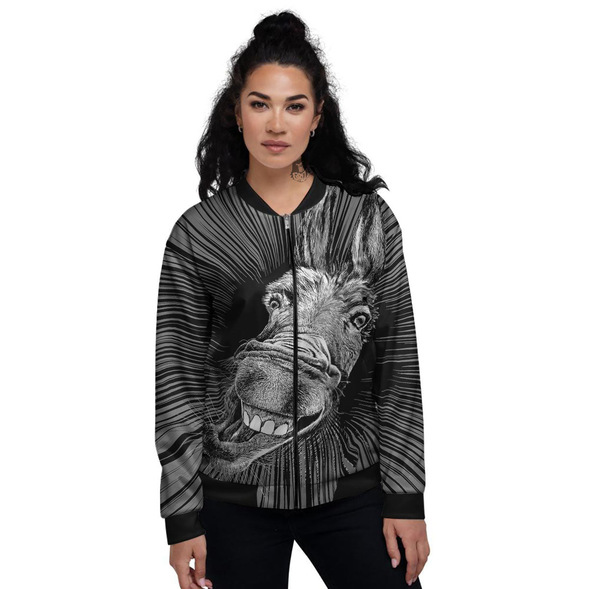 Funny Donkey White And Black Print Women's Bomber Jacket-grizzshop