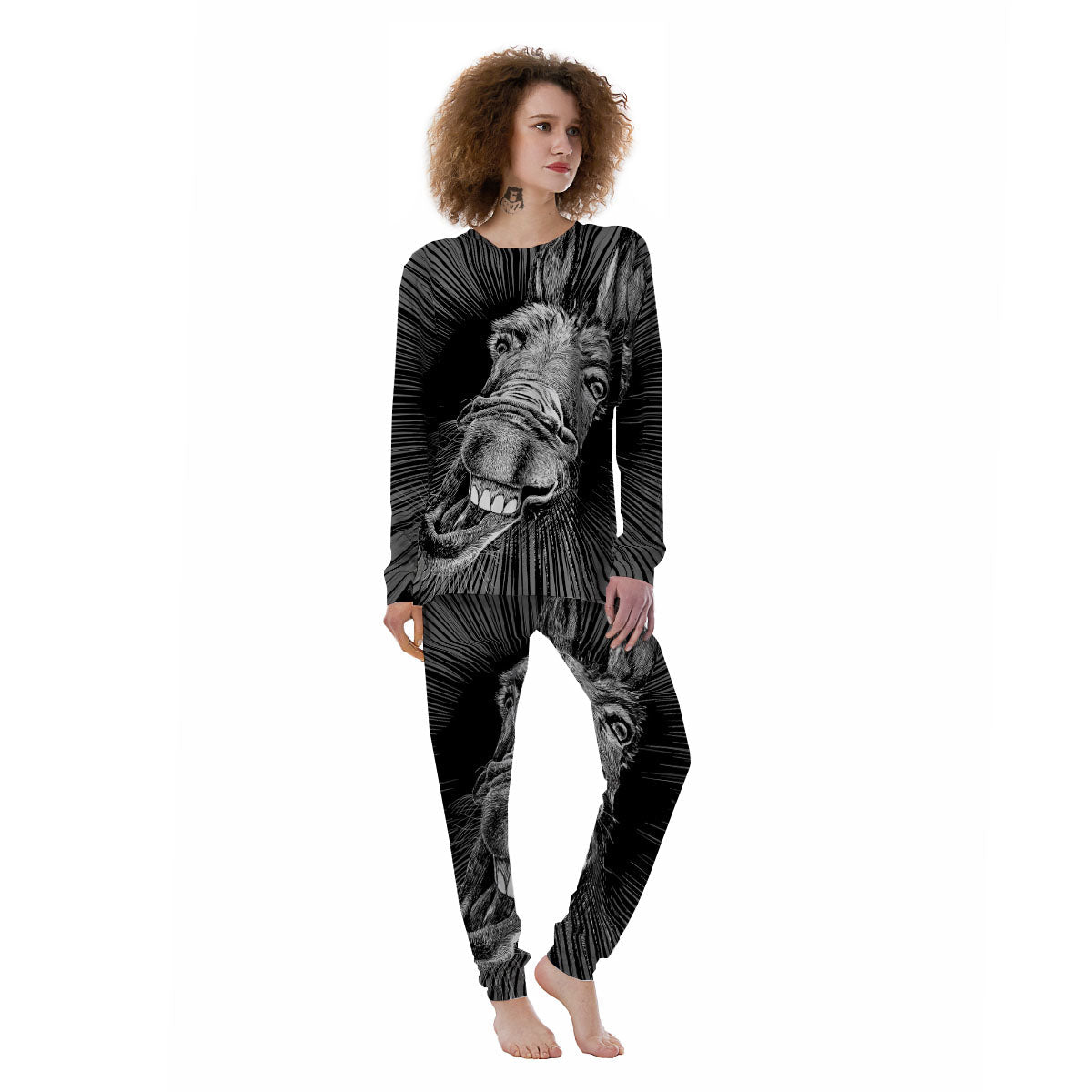 Funny Donkey White And Black Print Women's Pajamas-grizzshop