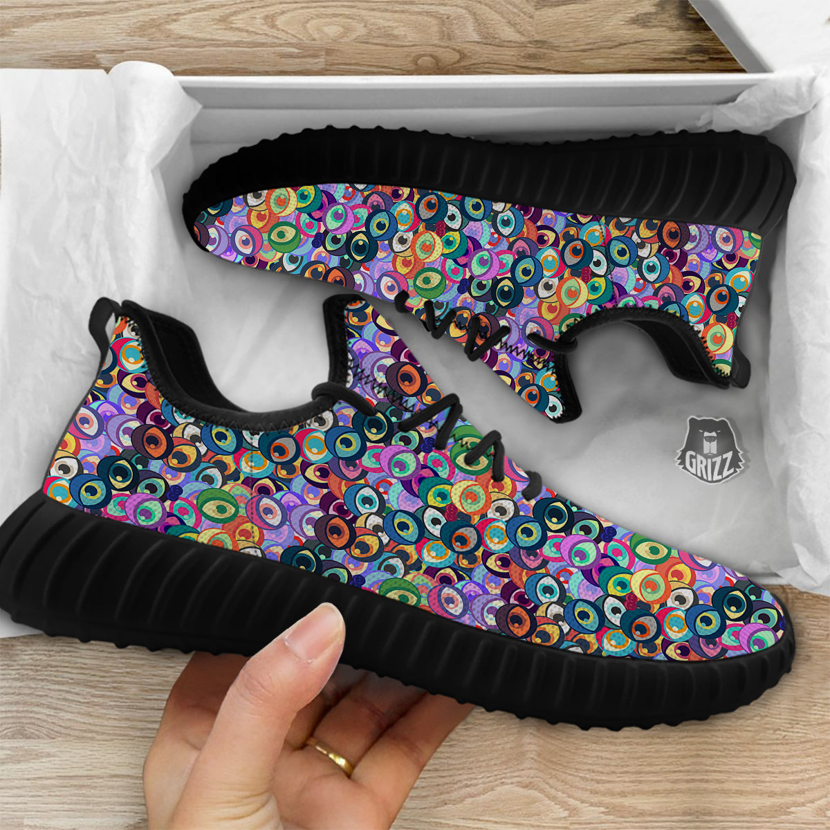 Funny Eyes Colorful Print Pattern Black Walking Shoes-grizzshop