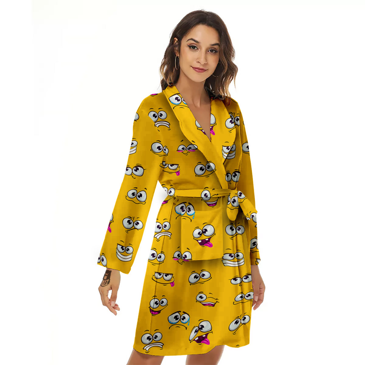 Funny Face Emoji Cartoon Print Pattern Women's Robe-grizzshop