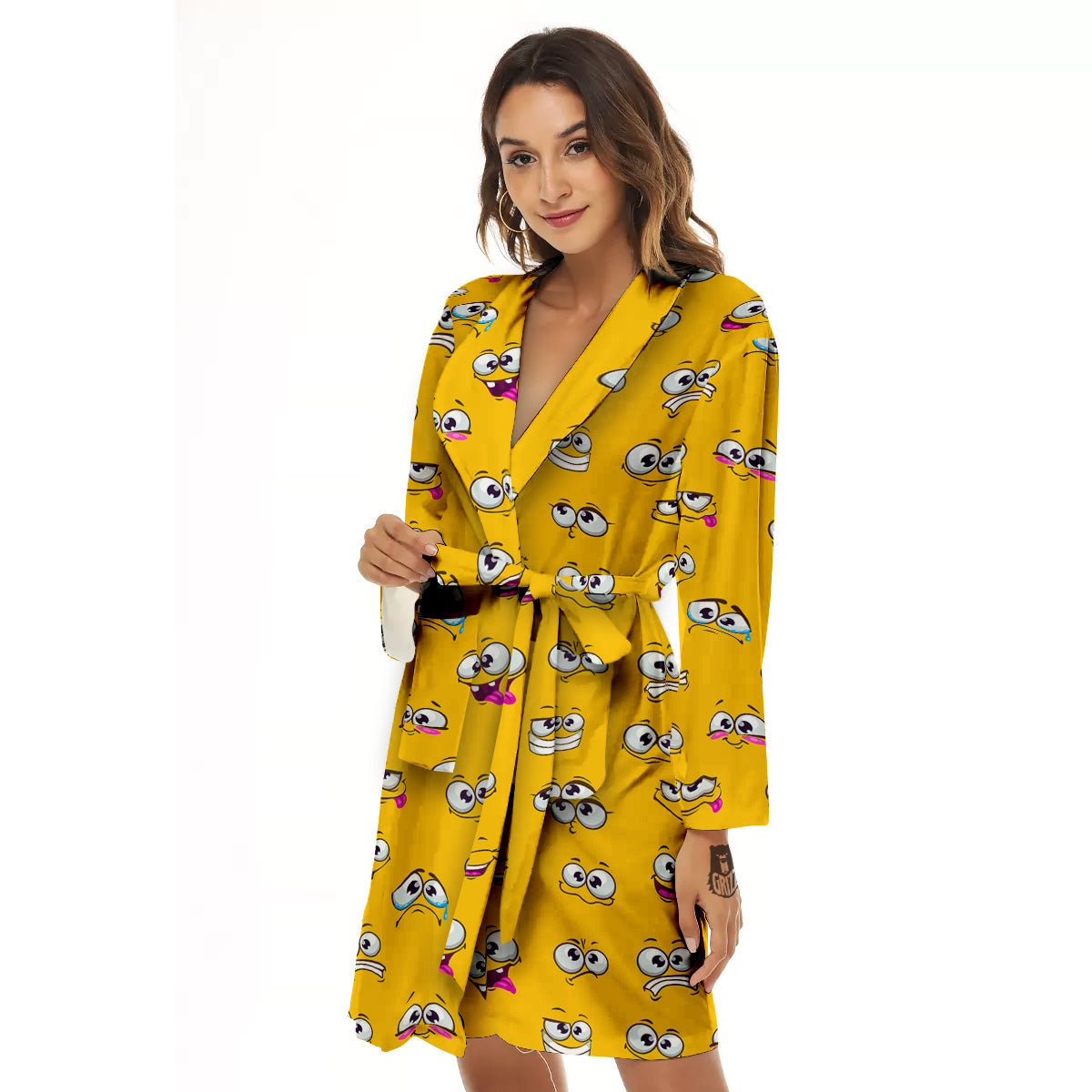 Funny Face Emoji Cartoon Print Pattern Women's Robe-grizzshop