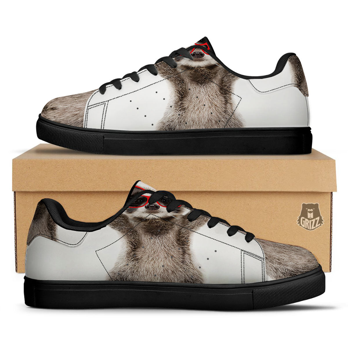 Funny Raccoon Print Black Low Top Sneakers-grizzshop