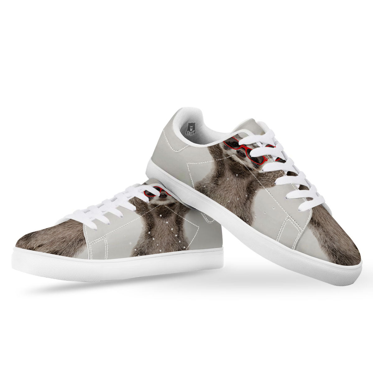 Funny Raccoon Print White Low Top Sneakers-grizzshop