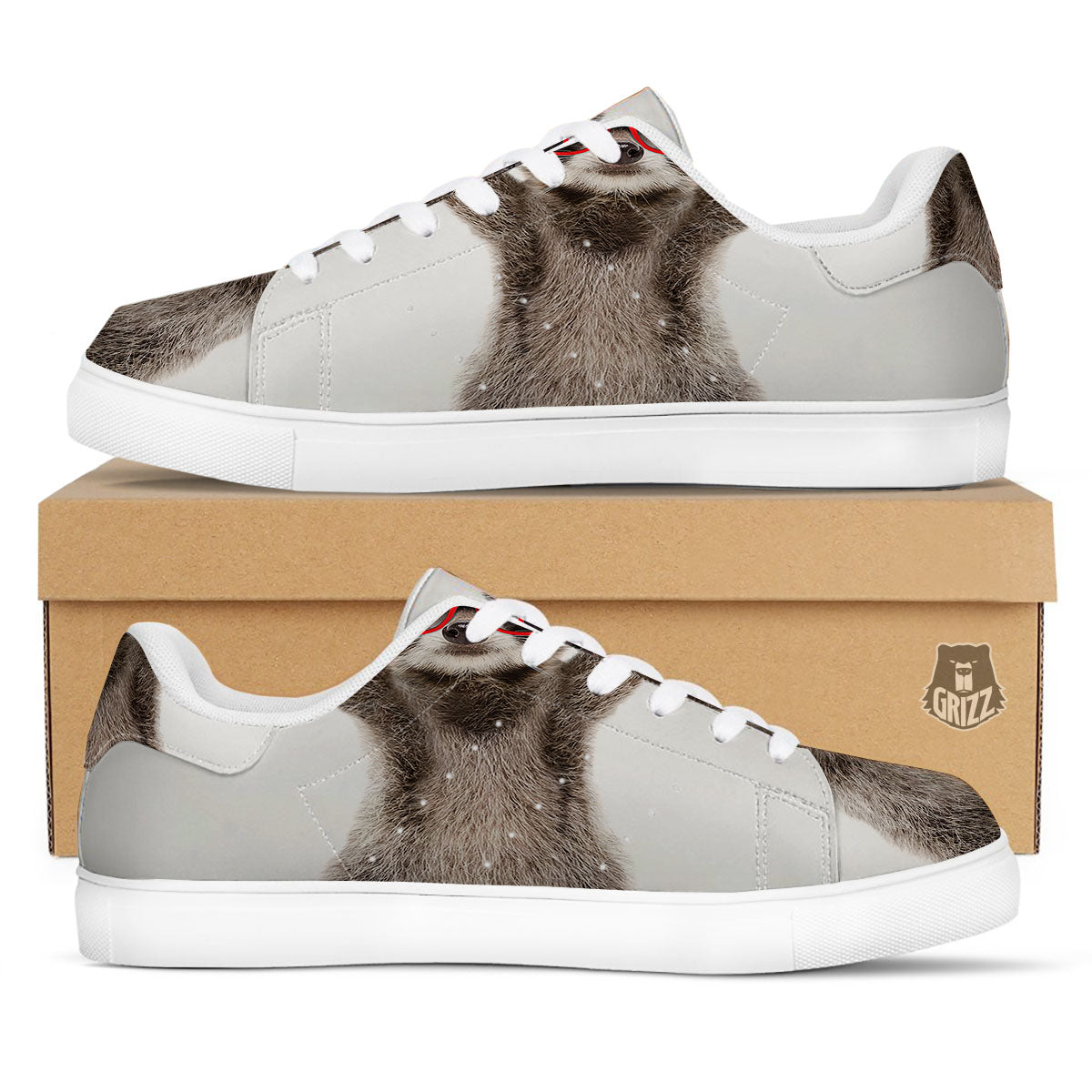 Funny Raccoon Print White Low Top Sneakers-grizzshop