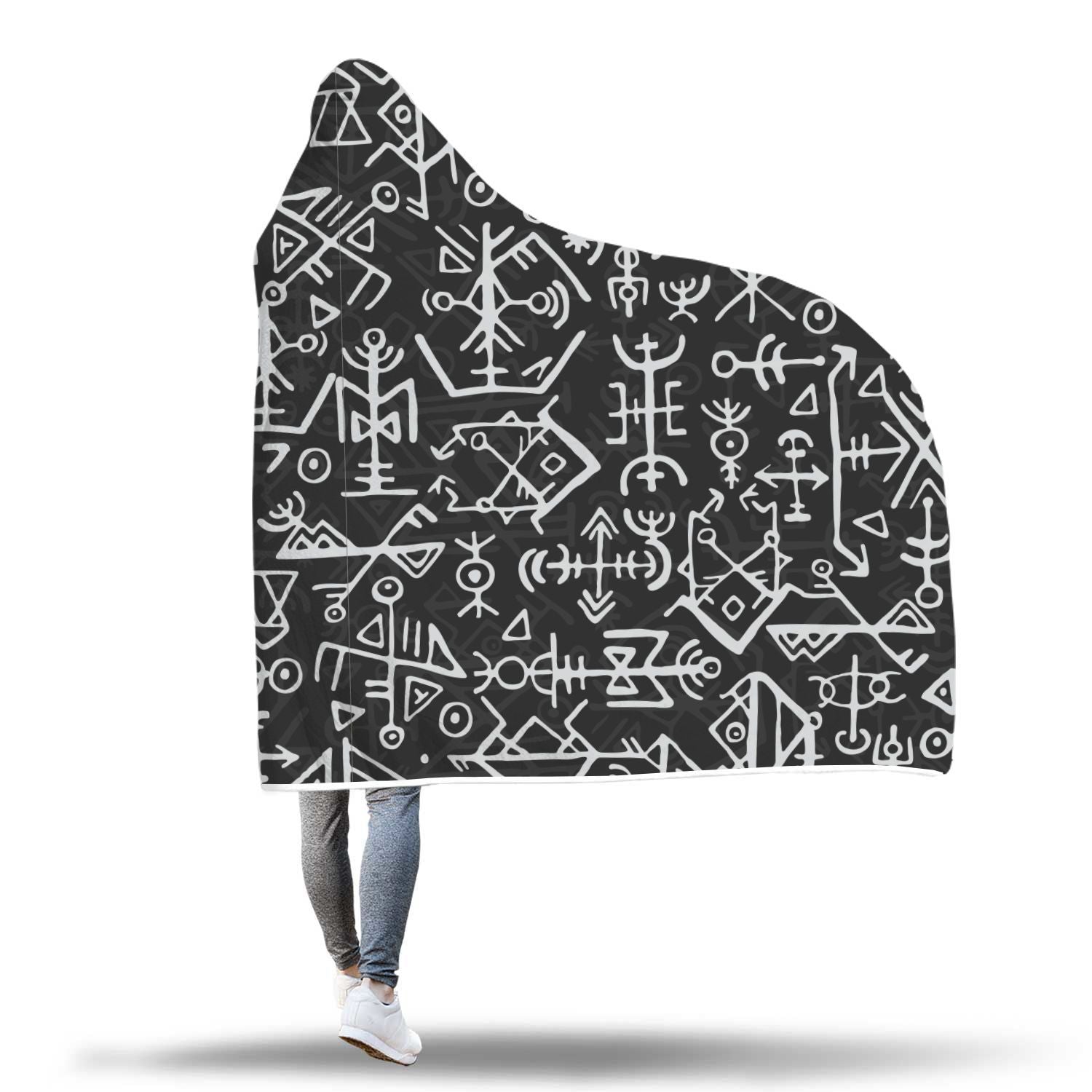 Futhark Norse Runes Scandinavian Viking Pattern Print Hooded Blanket-grizzshop