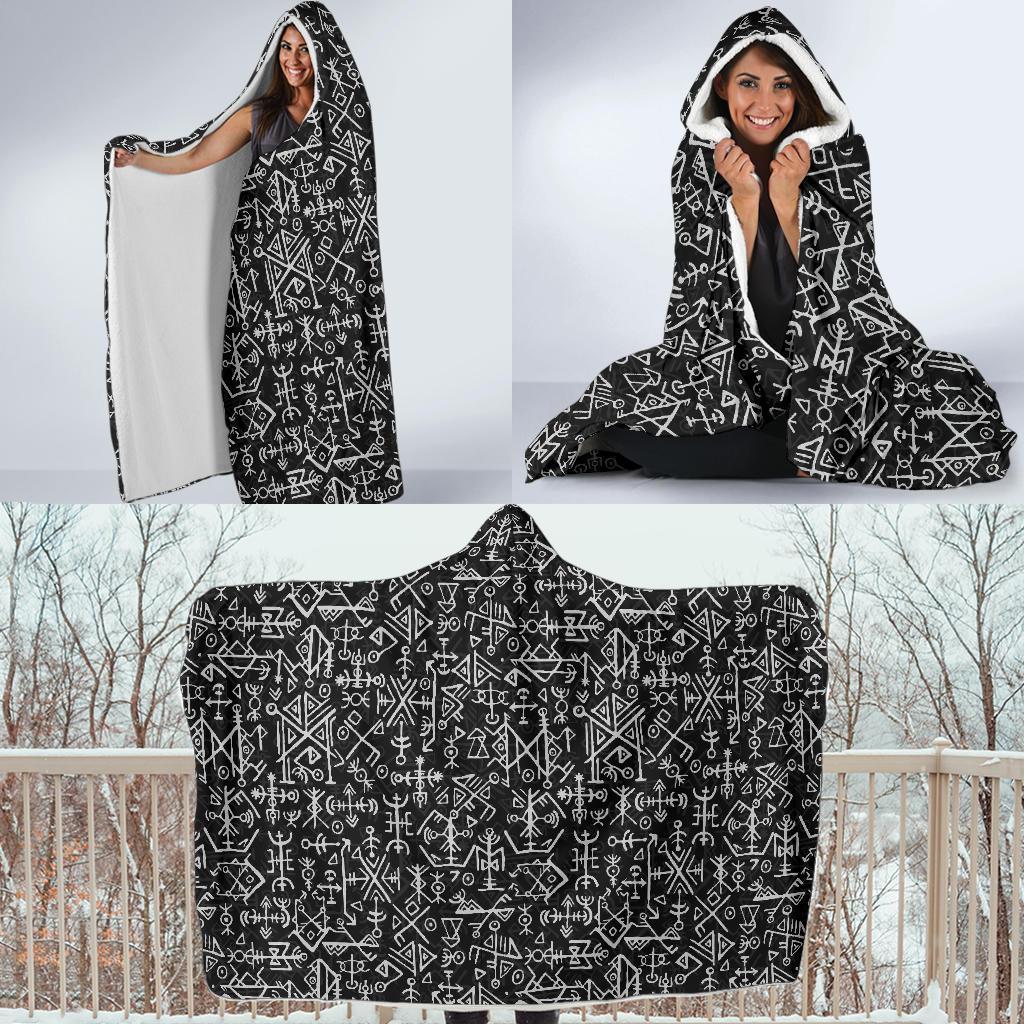 Futhark Norse Runes Scandinavian Viking Pattern Print Hooded Blanket-grizzshop