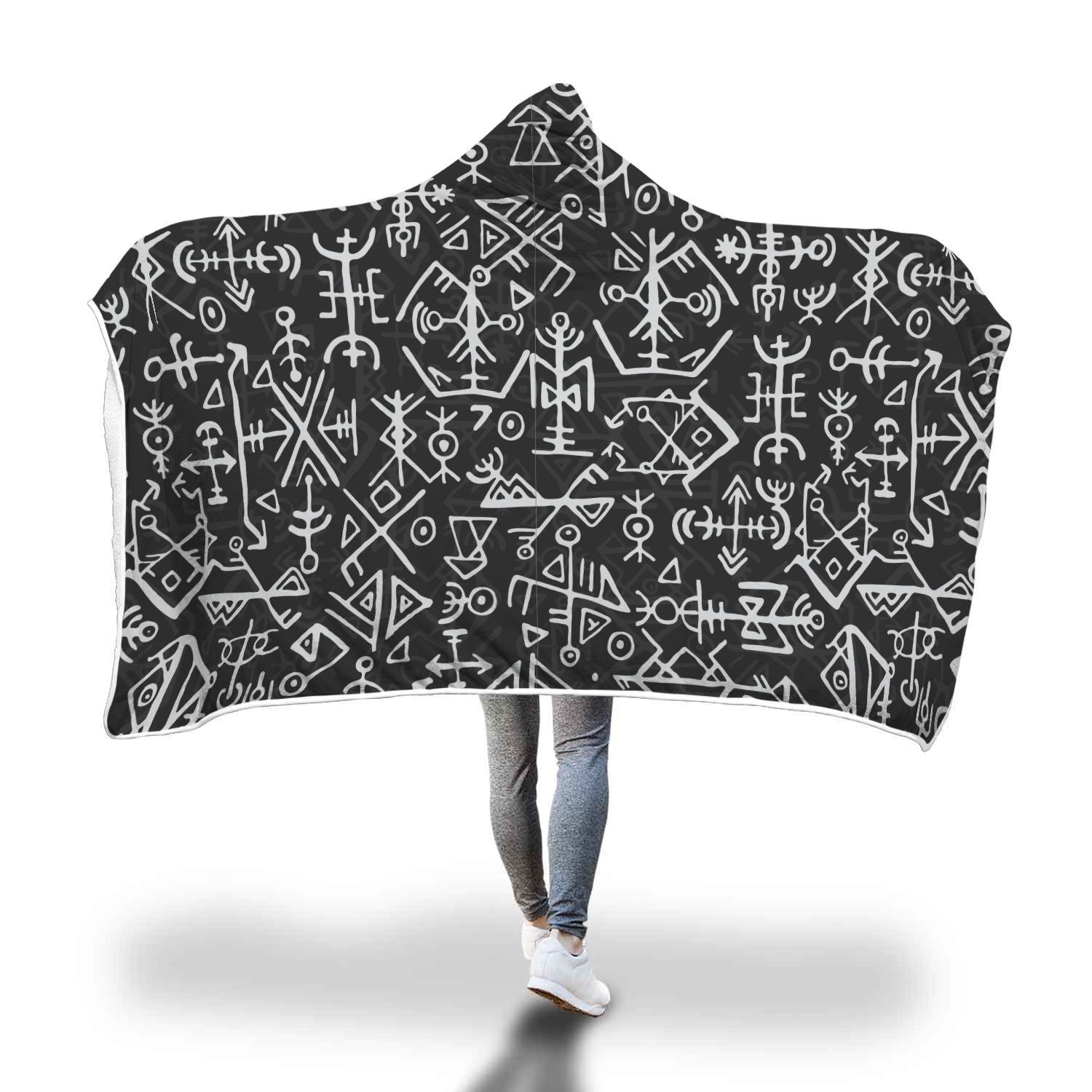 Futhark Norse Runes Scandinavian Viking Pattern Print Hooded Blanket-grizzshop