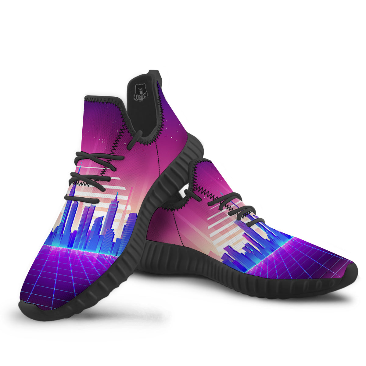 Futuristic City Print Black Walking Shoes-grizzshop