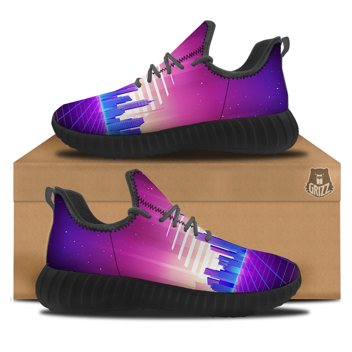 Futuristic City Print Black Walking Shoes-grizzshop