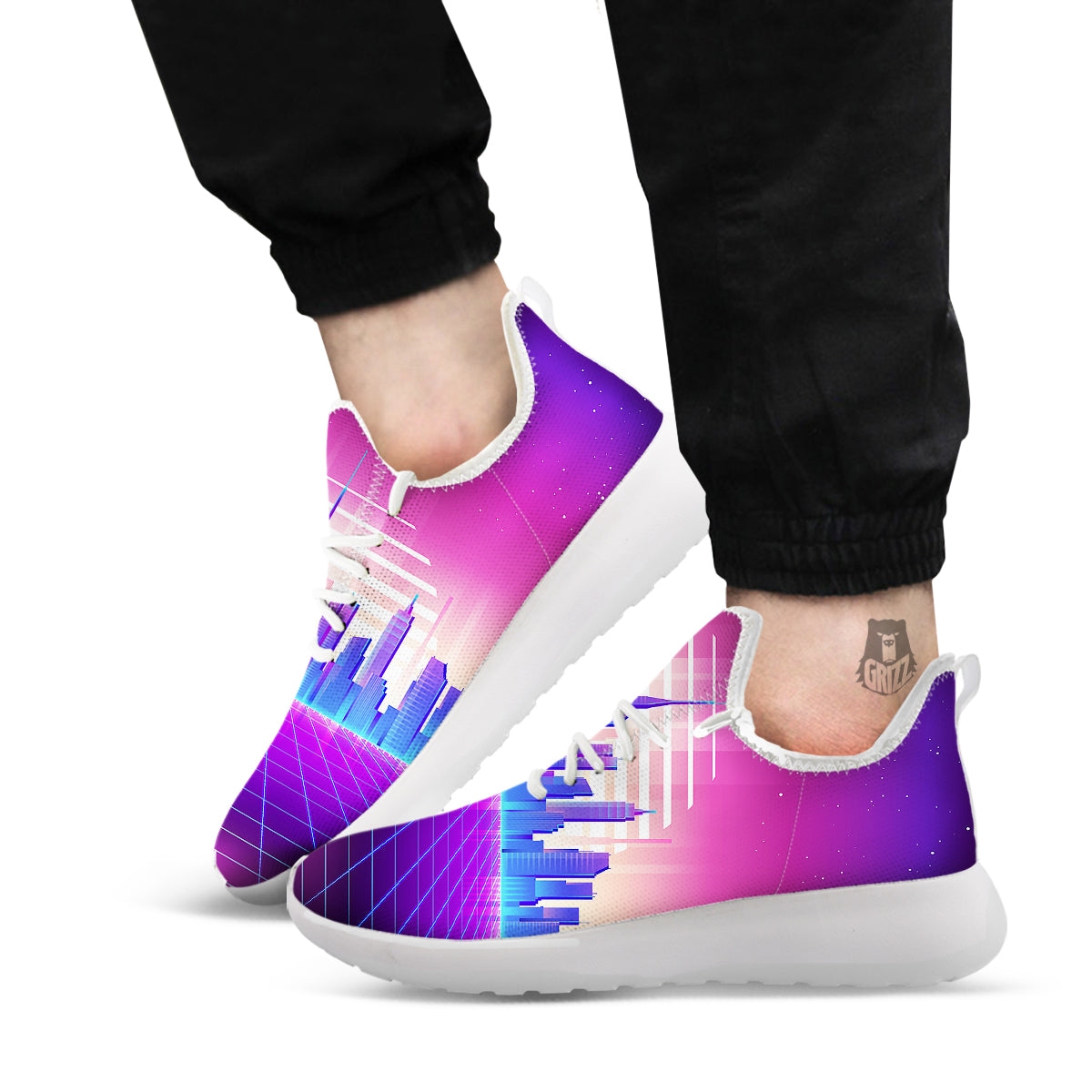 Futuristic City Print White Athletic Shoes-grizzshop