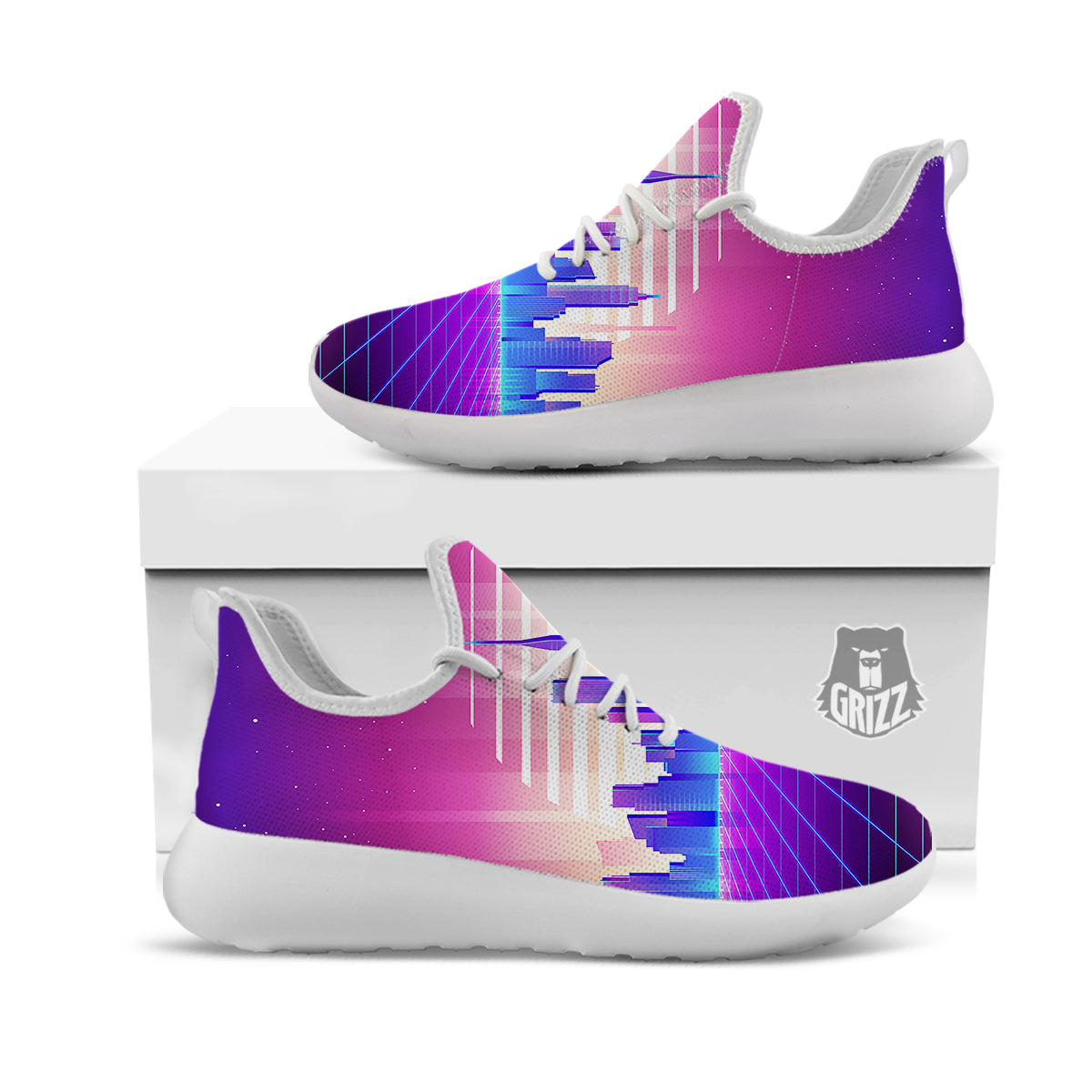Futuristic City Print White Athletic Shoes-grizzshop