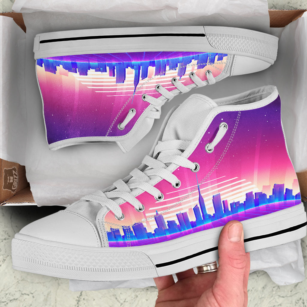 Futuristic City Print White High Top Shoes-grizzshop