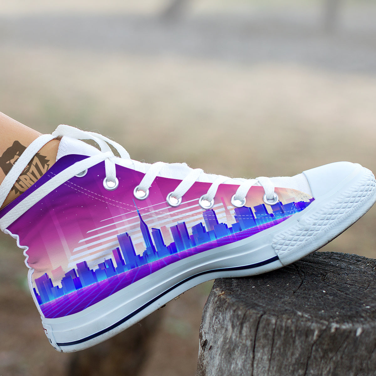 Futuristic City Print White High Top Shoes-grizzshop