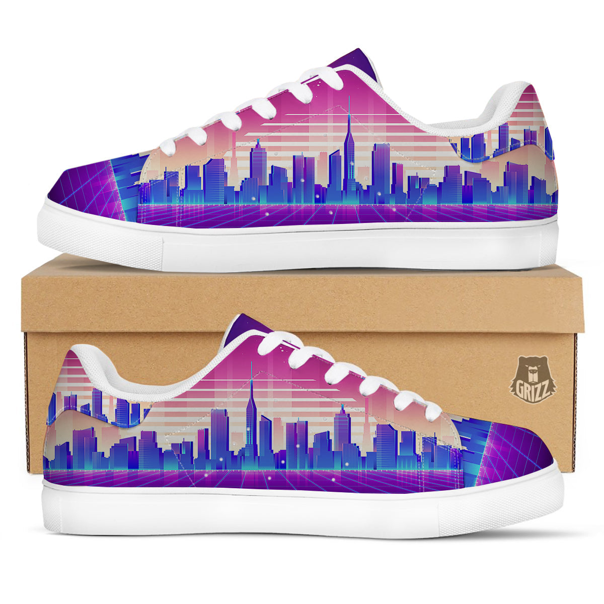 Futuristic City Print White Low Top Sneakers-grizzshop